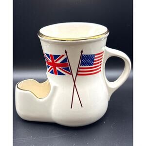 Shaving Mug Cup Scuttle Soap & Brush Holder British & USA Flags Vtg Vanity Decor